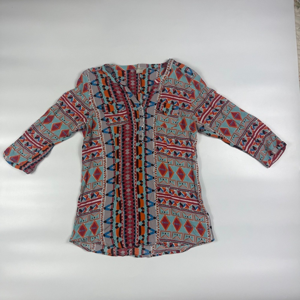 Ariat Blouse Top Womens Medium Multi Geo Print Rayon Long Sleeve V-Neck Button